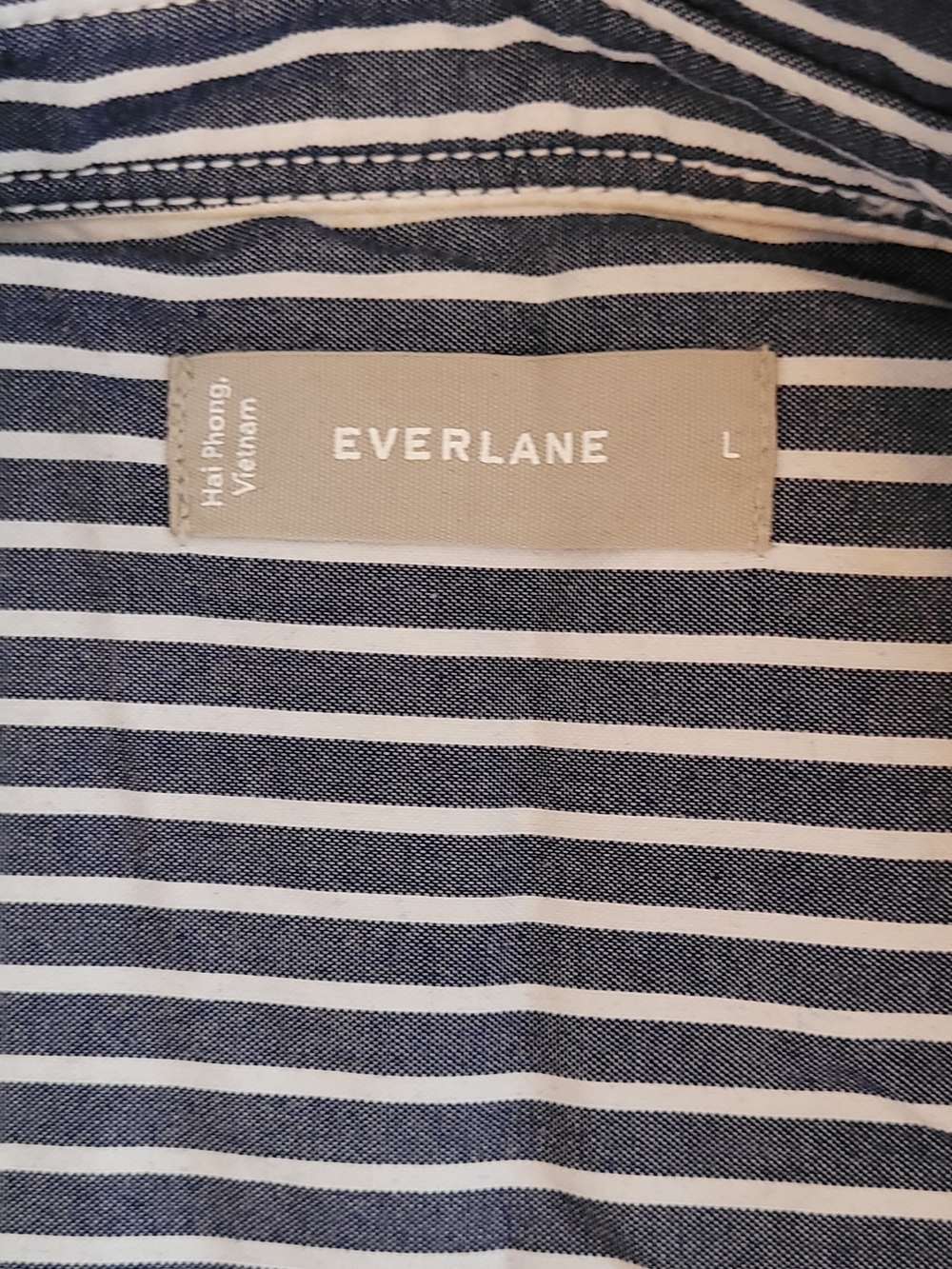 Everlane Navy and White Striped Button-Up Shirt